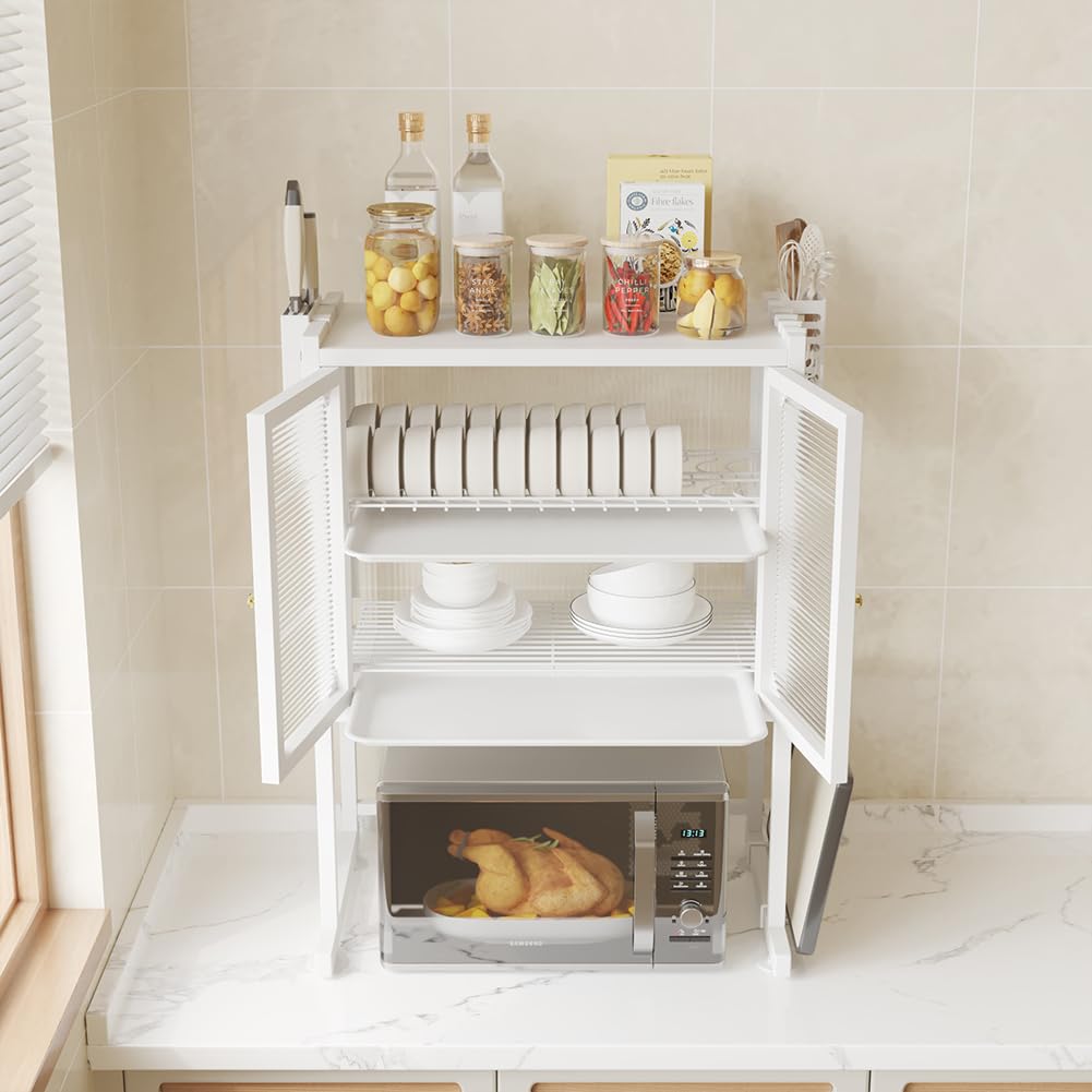 BAKAJI Scaffale Credenza Porta Microonde in Metallo Salvaspazio, Scaffalatura Portamicroonde con Vetrinetta Trasparente, Base Antiscivolo, 2 Ripiani Interni, 57 x 37 x 76 cm (Bianco)