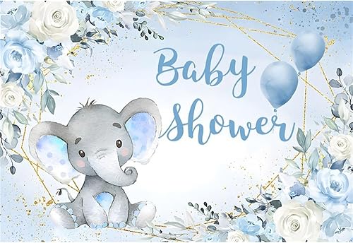 Miniatura 1 de CRTPOD Telón de fondo de elefante de 7 x 5 pies para baby shower, fondo de flores azules para fotografía, revelación de género, cartel de fiesta de