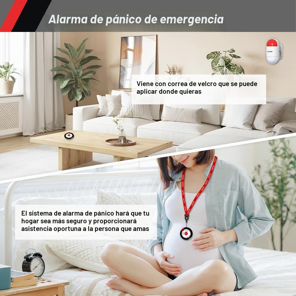 Botón Alarma Pánico Inalámbrico con Sirena para Emergencias | Botón SOS portátil con cuerda conveniente para casa, fábrica, hospital, almacén, centro comercial (Batería/USB)