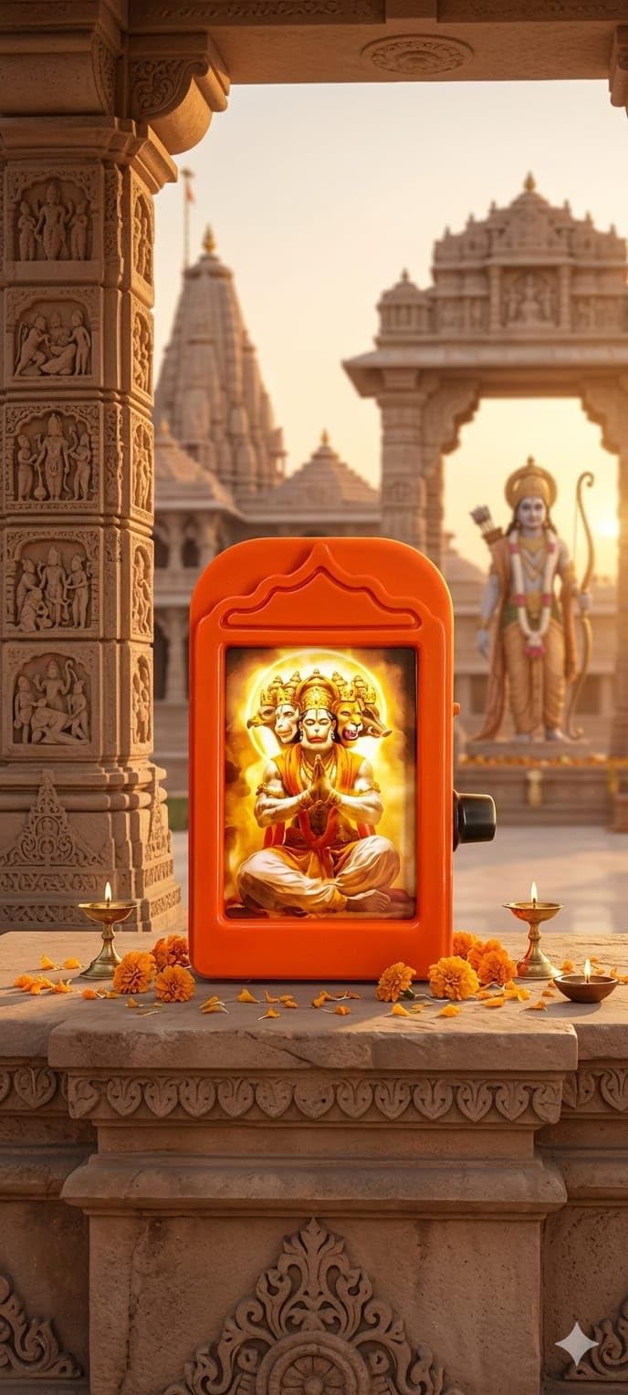 aarav panchmukhi hanuman premium devotional mantra chanting device and doorbell, multi-mantras audio player, orange, for home and office