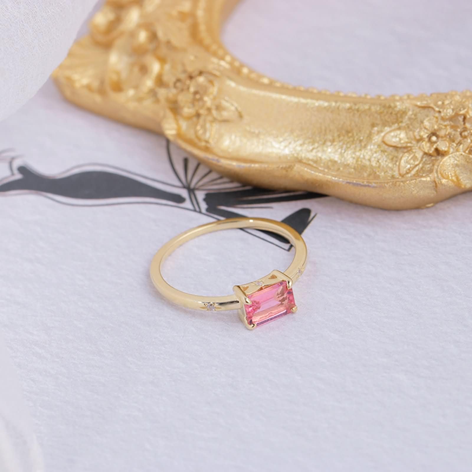 Anillos de Compromiso de Mujer Rectángulo con Turmalina Creada y Moissanita, Anillo de Matrimonio Oro Amarillo 9K/14K/18K de Mujer, Oro