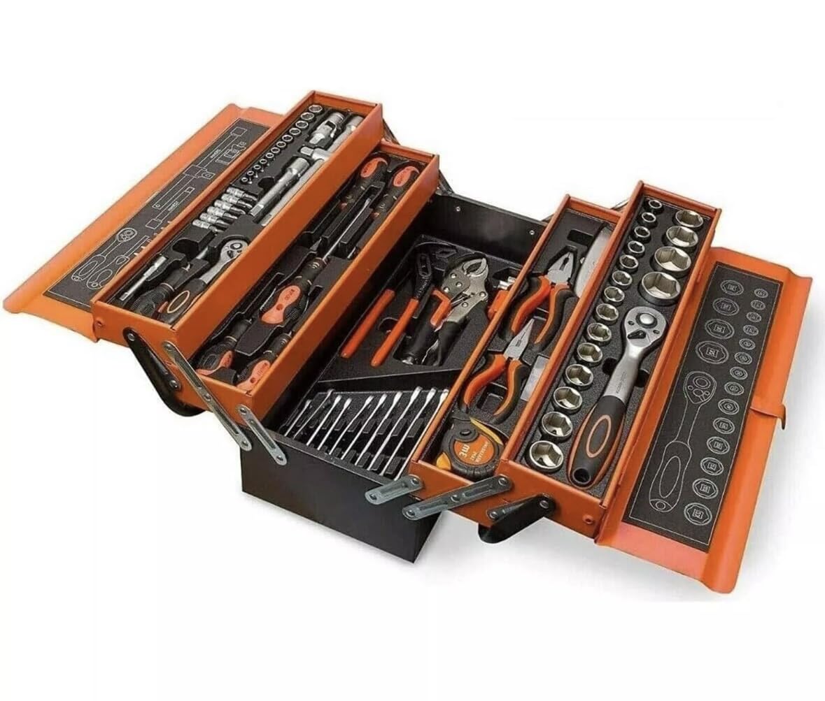 Boîte à outils 5 compartiments orange et noir avec clés à douille complètes
