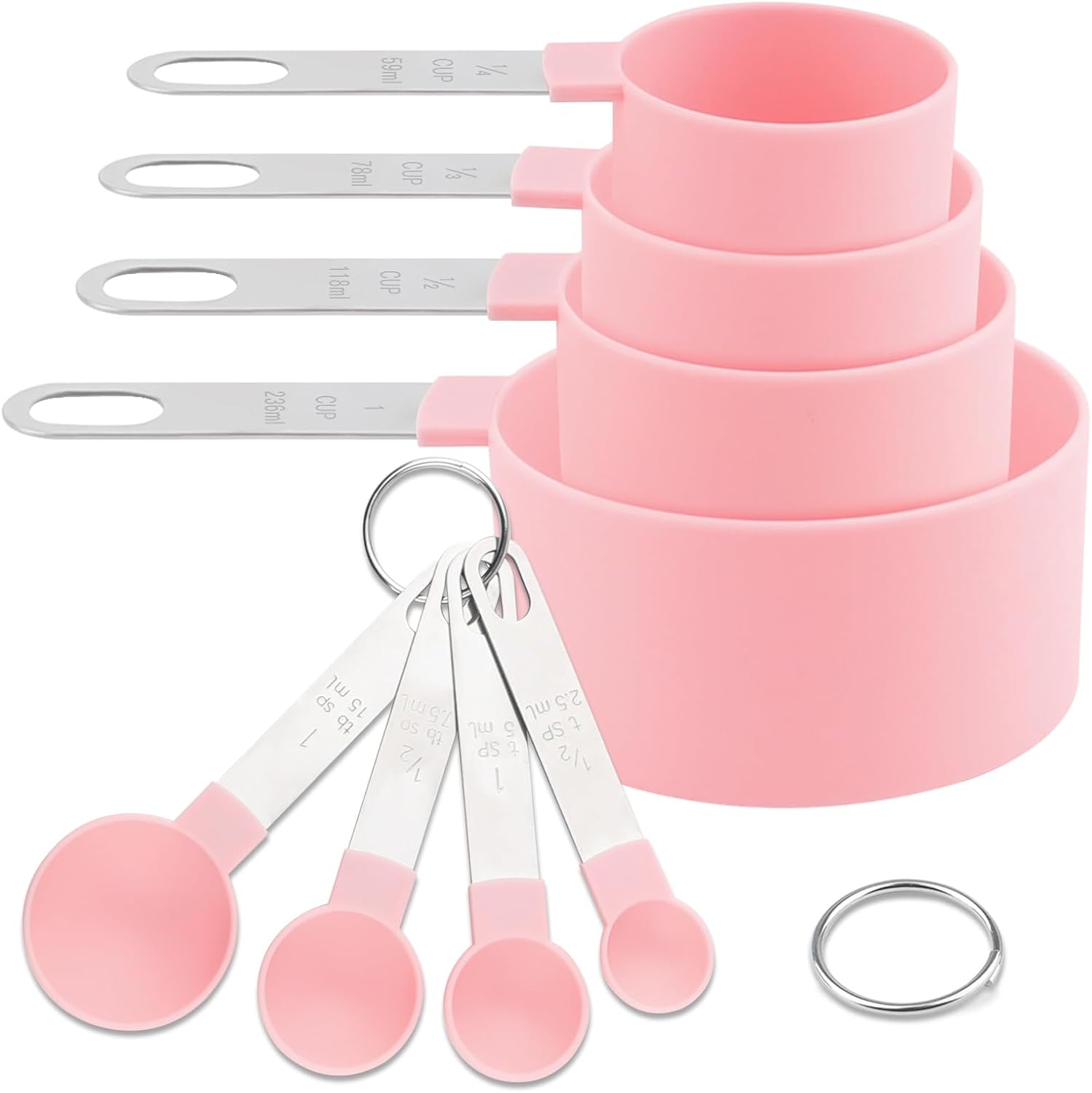 8 PCS Tainless Steel Measuring Cups and Spoons Set, Nesting Measuring Cup and Spoon Set for Precise Cooking Measurements in the Kitchen, Pink
