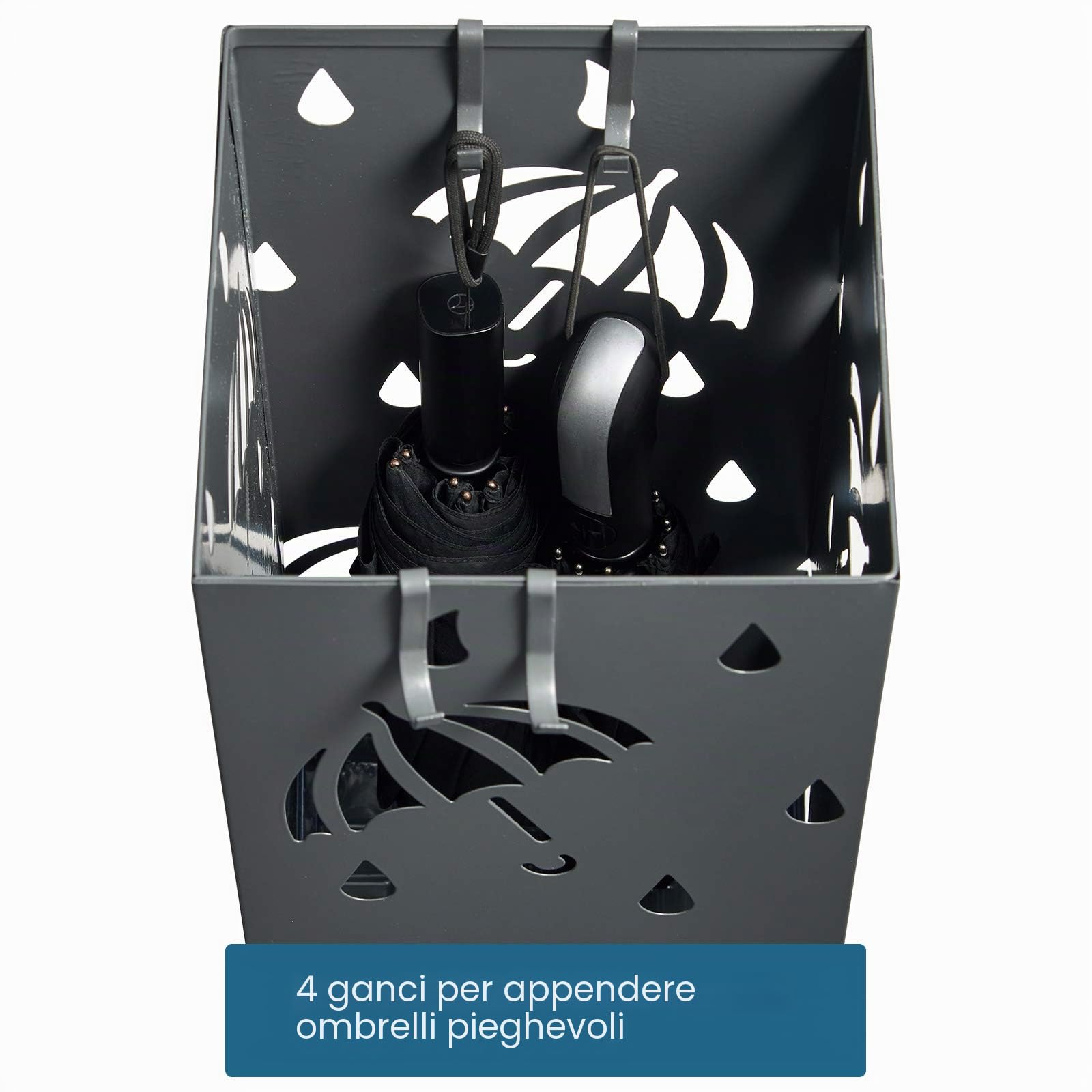 WOLTU Portaombrelli in ferro con vaschetta antigoccia, 4 ganci per gli ombrelli tascabili, (L x P x A) 20 x 20 x 49 cm, antracite, rettangolare