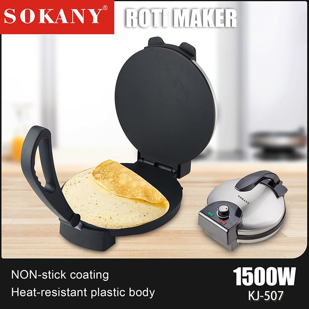SOKANY KJ-507 1100W Roti Maker, Tortilla Presse 32cm, Antihaftbeschichtung, Automatische Temperaturregelung, für Tortillas, Tacos, Quesadilla, Silvery