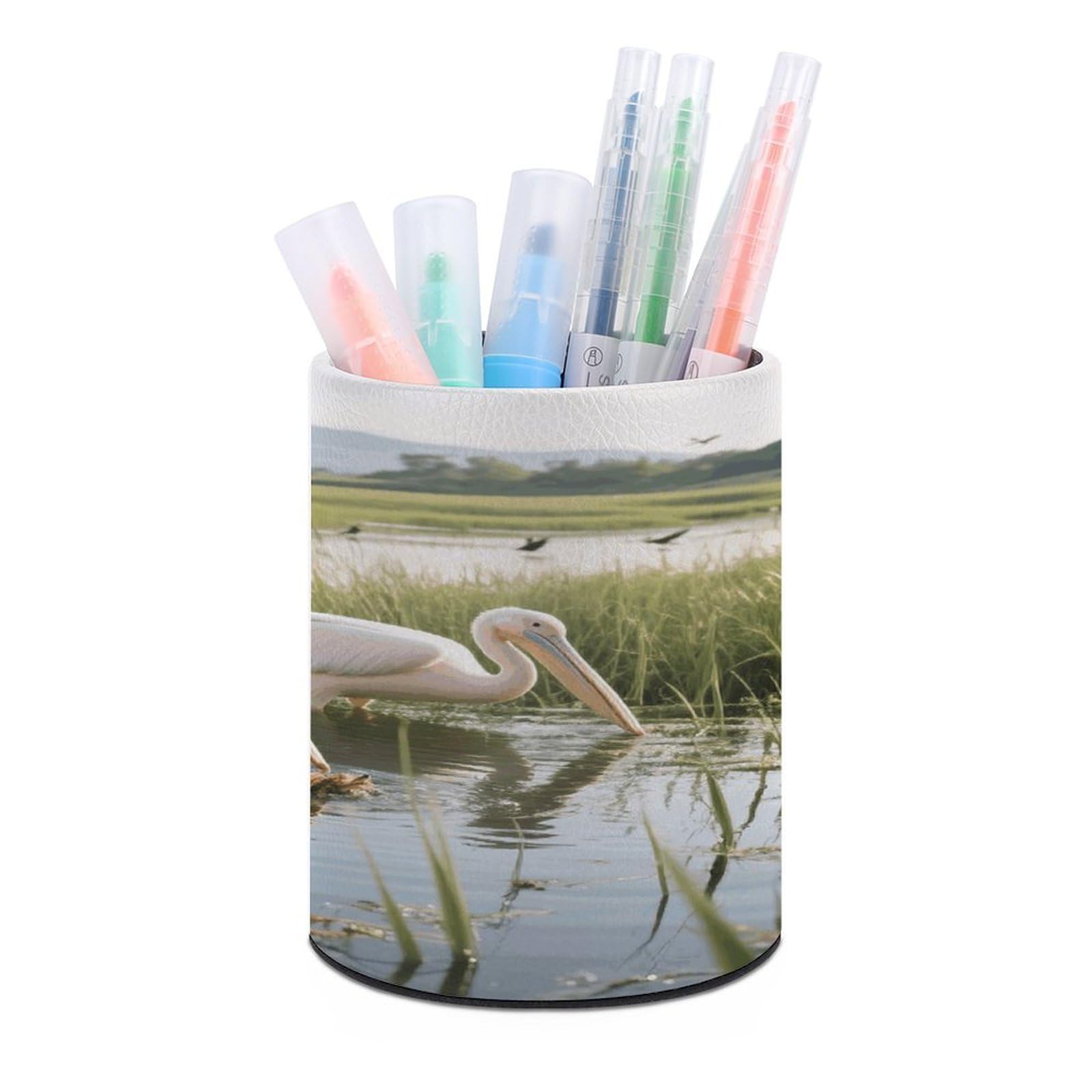 VstaDank 2 Pelicans Pen Holder Round Pencil Holder Cup Pen Container PU Leather Desk Organizer Stand Decor Brush Scissor Holders Decoration Office Desk Home (3.1 X 3.9 Inches)