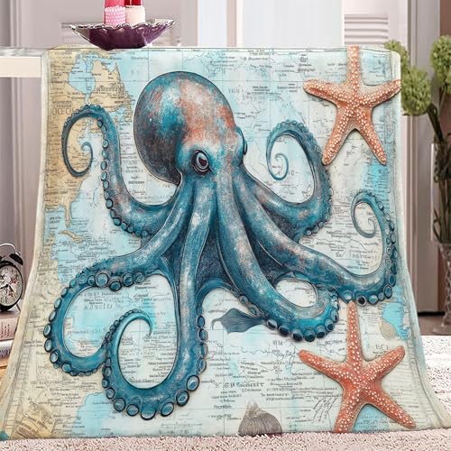 Mantas para Sofá de Franela Suave y Acolchada, Manta para Cama Grande Manta Polar 200 x 220 cm, Invierno Pulpo De Dibujos Animados Vintage Blanket Estampada Manta Calentitas Azul Marrón
