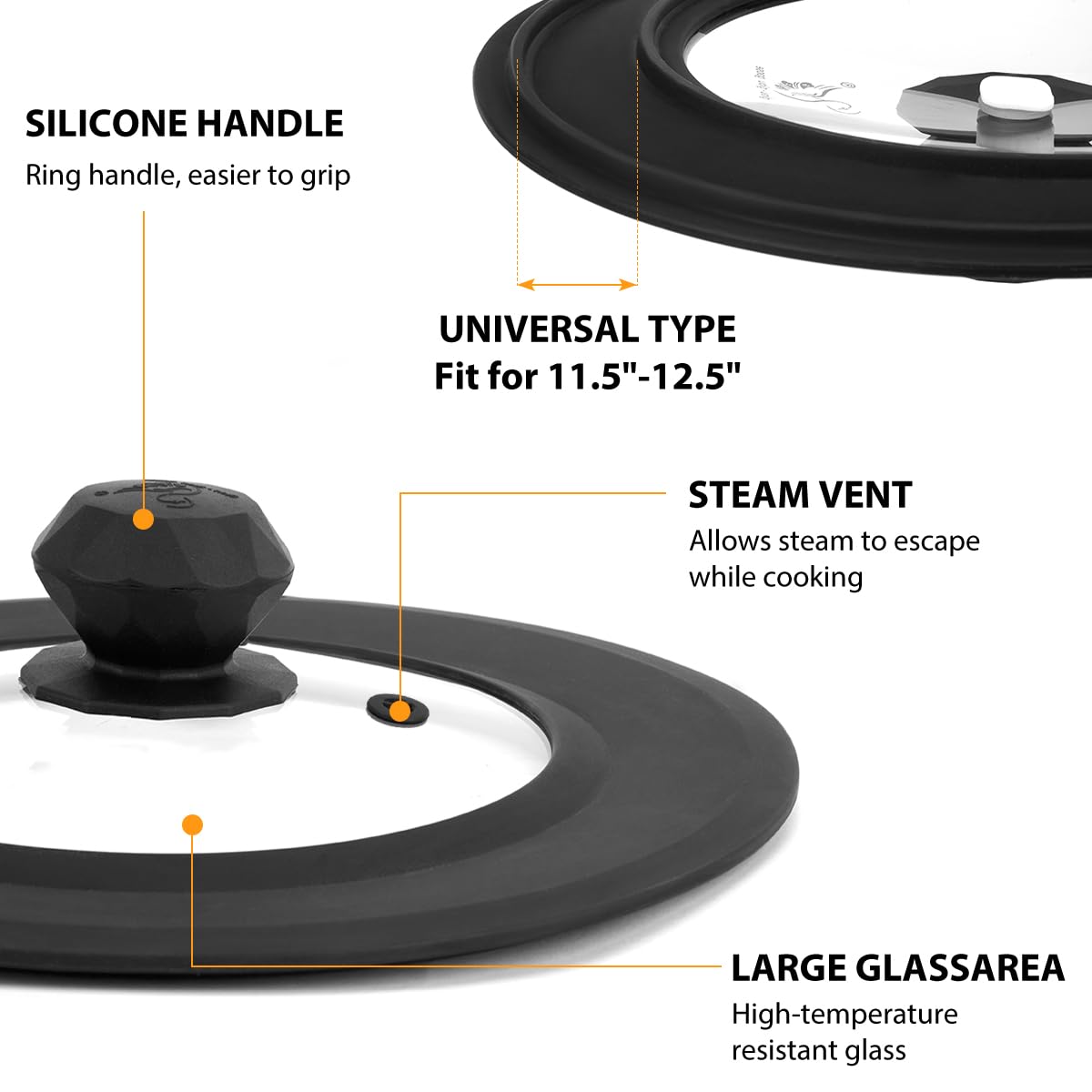 Set of 2 Vented Tempered Glass Universal Lid for Pot Pan Skillet with Heat Resistant Silicone Microwave Splatter Cover Microwave Safe Fit 8" 8.5" 9" and 11.5" 12" 12.5", Black