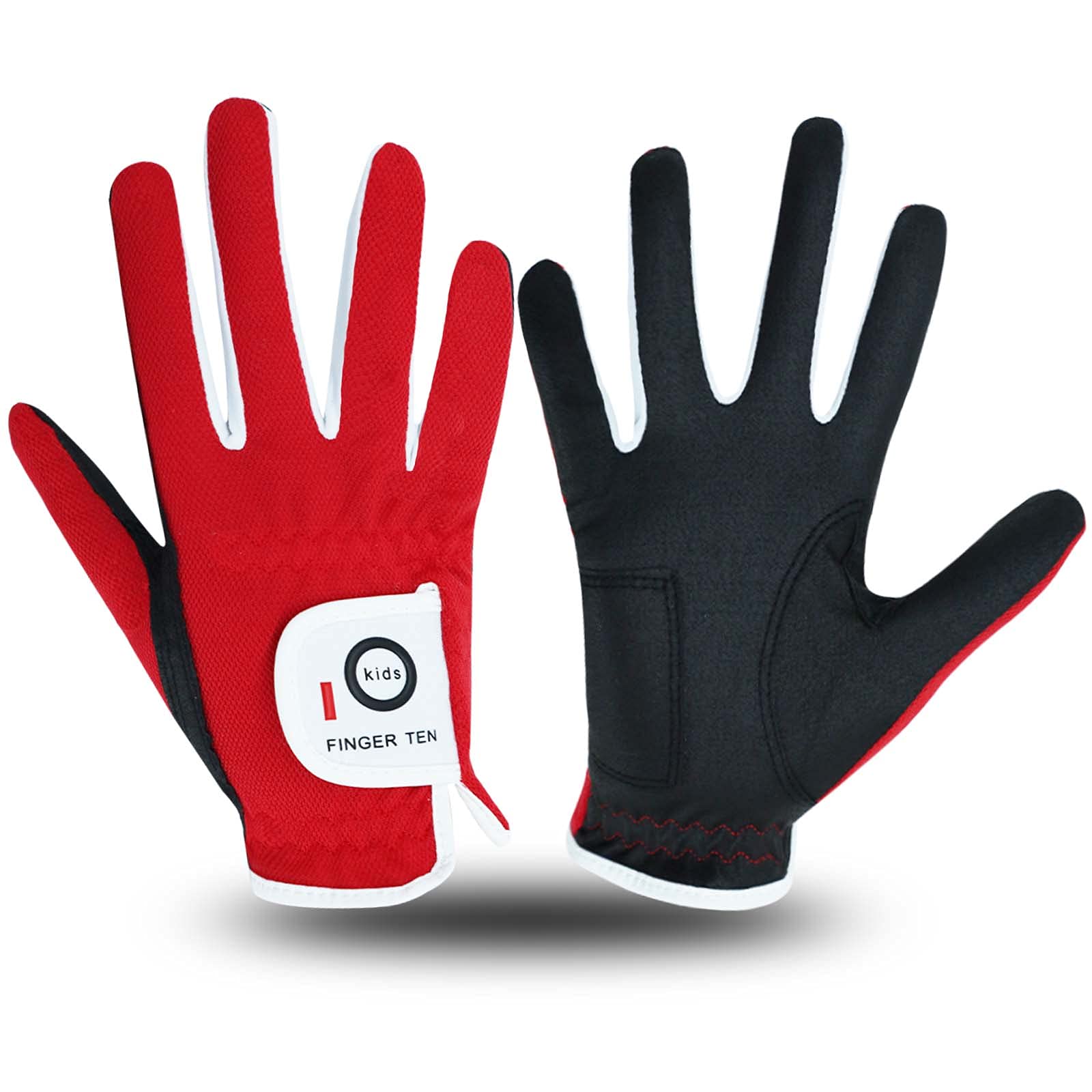 FINGER TEN Golf Gloves Kids All Weather Soft for Left and Right Hand Rain Grip Breathable Value Pair