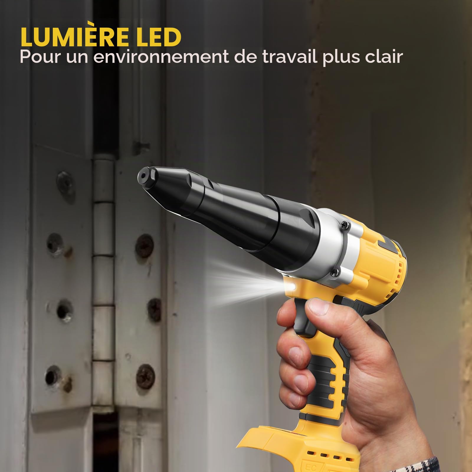 Pistolet à riveter sans fil compatible avec batterie Dewalt 18 V/20 V MAX, rivet pop sans balais avec 3 tailles (0,3 cm, 5/32", 3/16") rivets en aluminium et lumière LED, pour métal