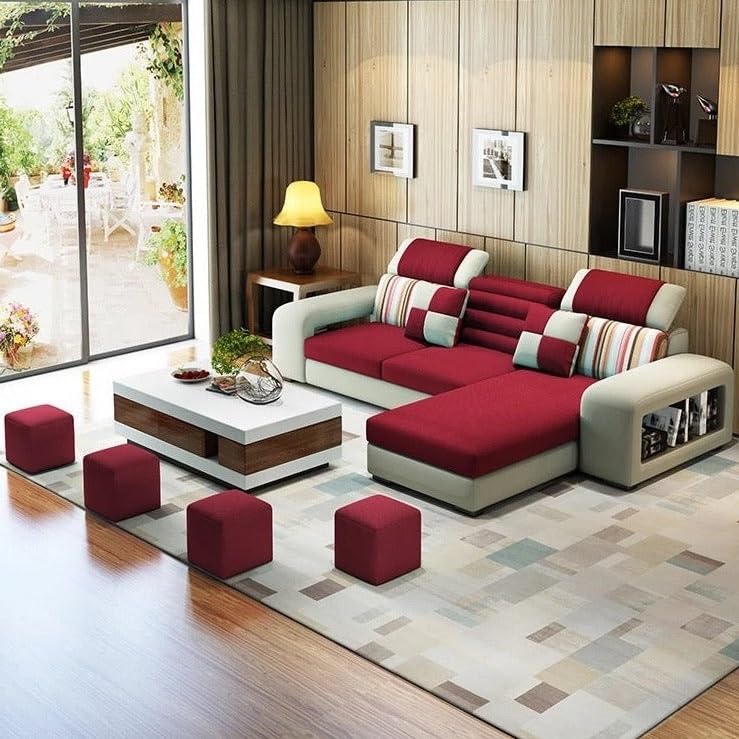 Image of Travis Modern 8 Seater L Shape Sofa Set for Living Room Red & Cream RHS | 4 Ottoman with L Shape Sofa | Fabric Sofa 8 Seater for Office Festival Gifts
