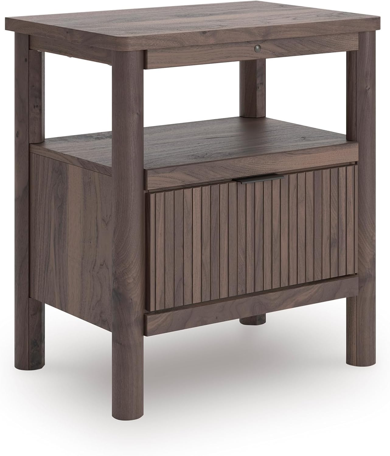 Signature Design by Ashley Symarro Mid-Century Modern 1-Drawer Nightstand with USB Ports, LED Lighting and Open Shelf, Dark Brown