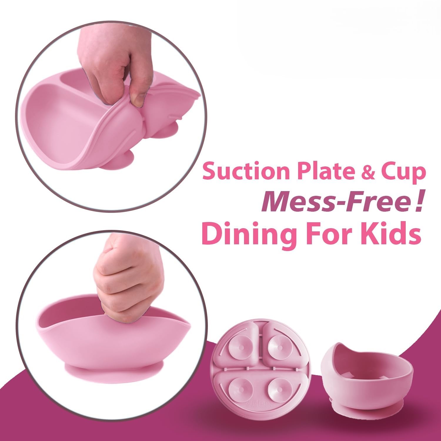 SHIKSHA PATRI 6PCS Silicone Baby Feeding Set – Suction Plate, Bowl   , Bib, Spoon, Fork, Cup – BPA-Free, Non-Toxic, Microwave & Dishwasher Safe for Toddlers 6+ Months (Pastel Pink) - Image 5 thumbnail