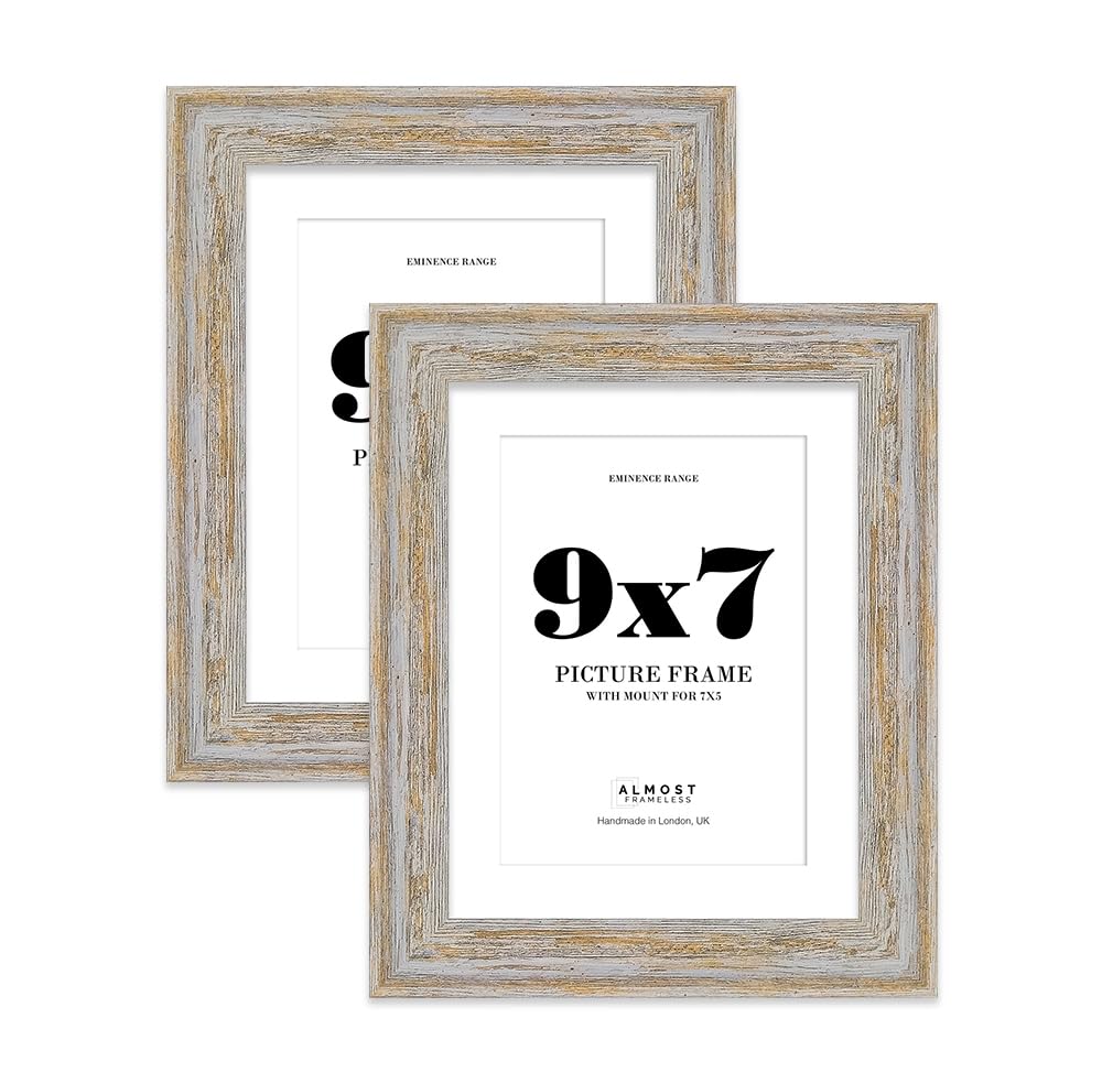 9x7" Walnut Woodgrain Picture Frame with 7x5" Mount - Shabby Chic Photo Frame with Distressed Finish, Wall Hooks and Kickstand, 32mm Edge - 2 Pack