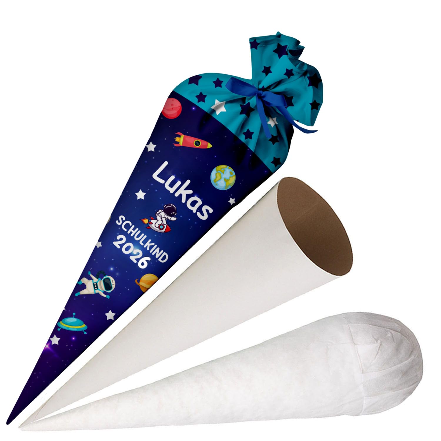 Schultüte Comos 70 cm personalisierte Zuckertüte aus Stoff mit runder Papprohling und Silikonkügelchen-Füllung