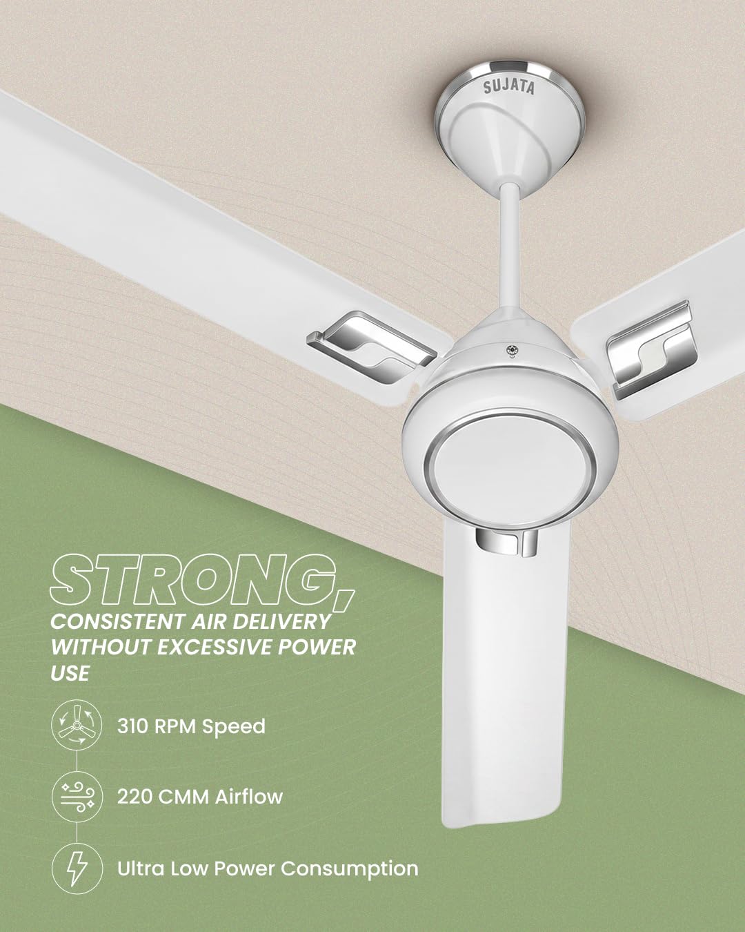 Sujata Kinetica BLDC Ceiling Fan 1200mm | 3 Years Warranty | Ceiling Fan for Living Room & Bedroom, Remote Fans Ceiling Fans 5 Star BEE Rating, Powerful Airflow, Savings Upto 60% (White Chrome) 2