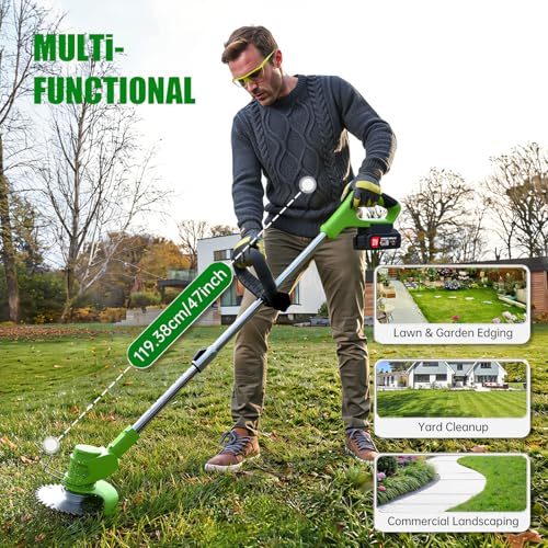 Electric Weed Wacker Eater Cordless Weed Trimmer with Wheels and 2 Pcs 21V/2000mAh Batteries, 3 in 1 Grass Trimmer/Brush Cutter/Lawn Edger with 27 Pcs Replacement Blades for Lawn Garden and Yard — view 6
