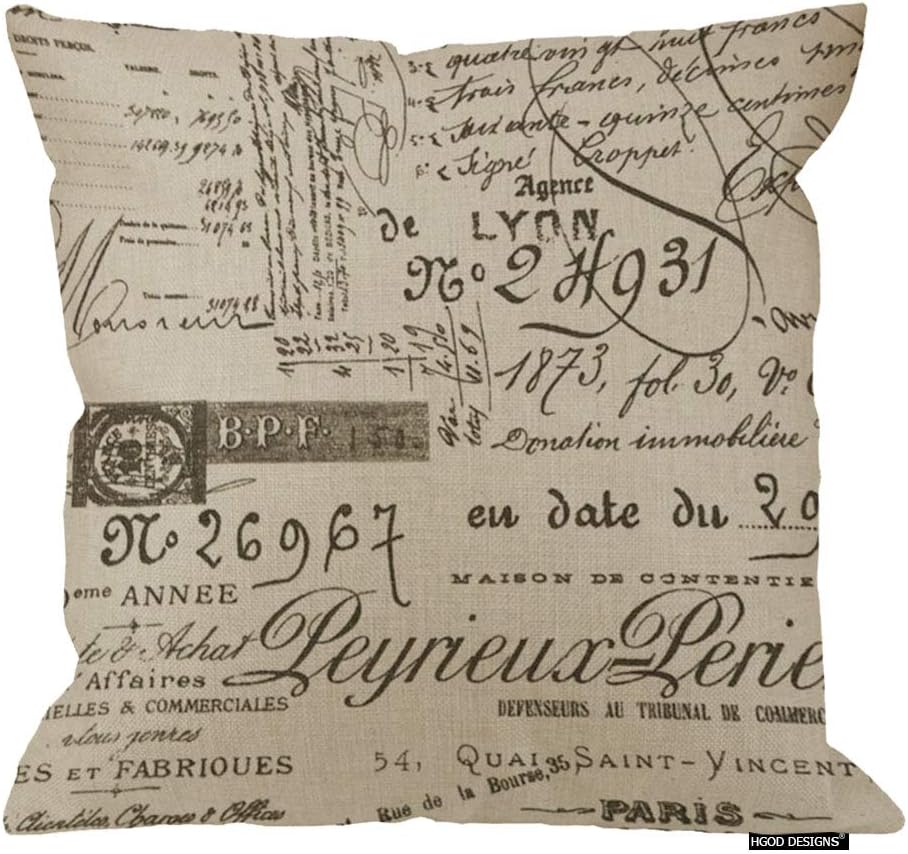 HGOD DESIGNS Decorative Ramie Cotton Linen Square Throw Pillow Cover Cushion Case Vintage Khaki Background Words Pattern Toss Pillowcase 18X18 Inches(for Living Room, Sofa)