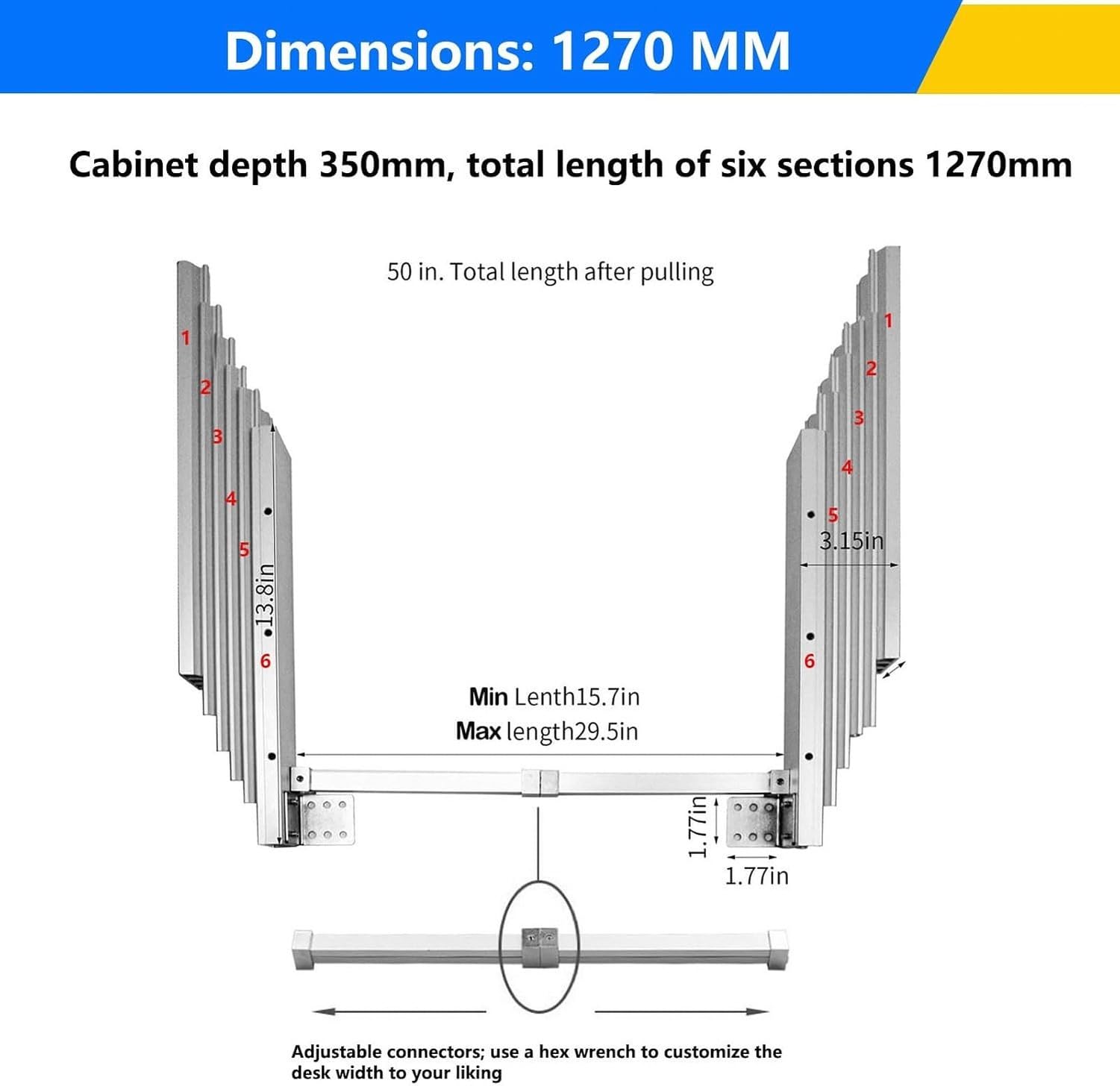 Cursa Scorrevole per Tavolo, Guida Telescopica in Alluminio, 1270mm, 1270mm