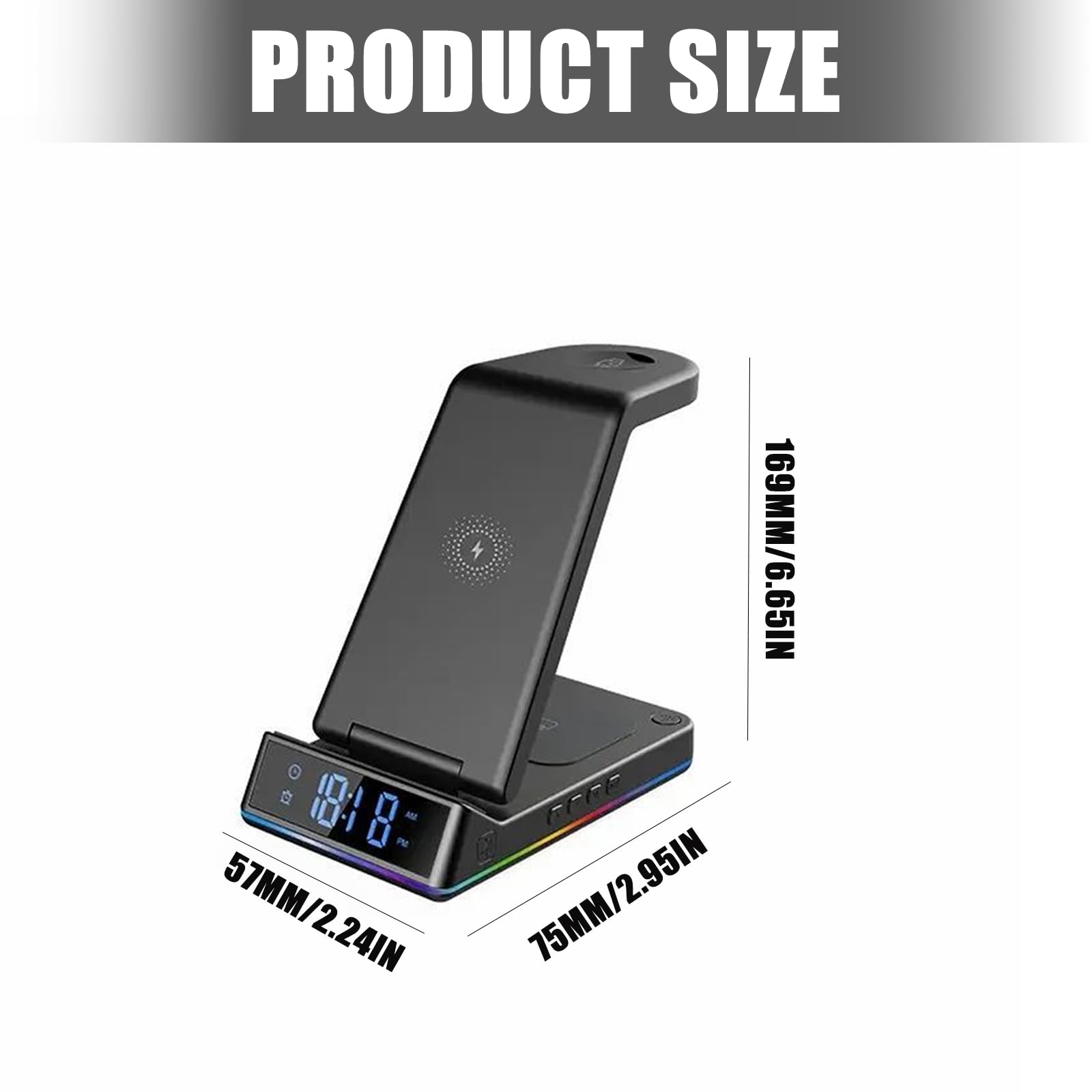 Support de charge pour téléphone, montre, écouteurs, station de charge pliable sans fil avec veilleuse, horloge et alarme