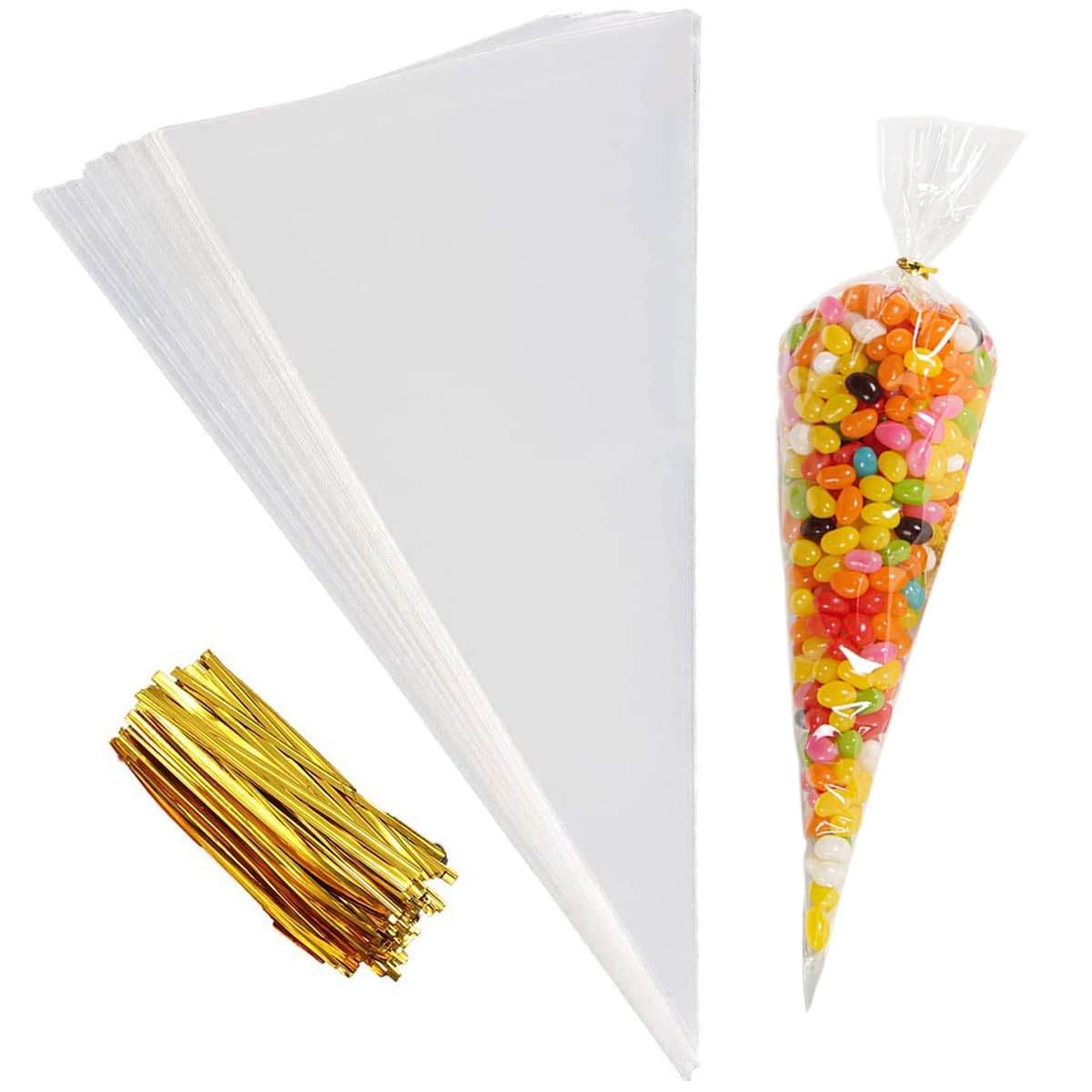 Khazna 50pcs Clear Cone Bags, Triangle DIY Gift Bags with Gold Twist Ties Plastic Cone Bags Triangle Bags for Candies Sweets Cookies Snacks