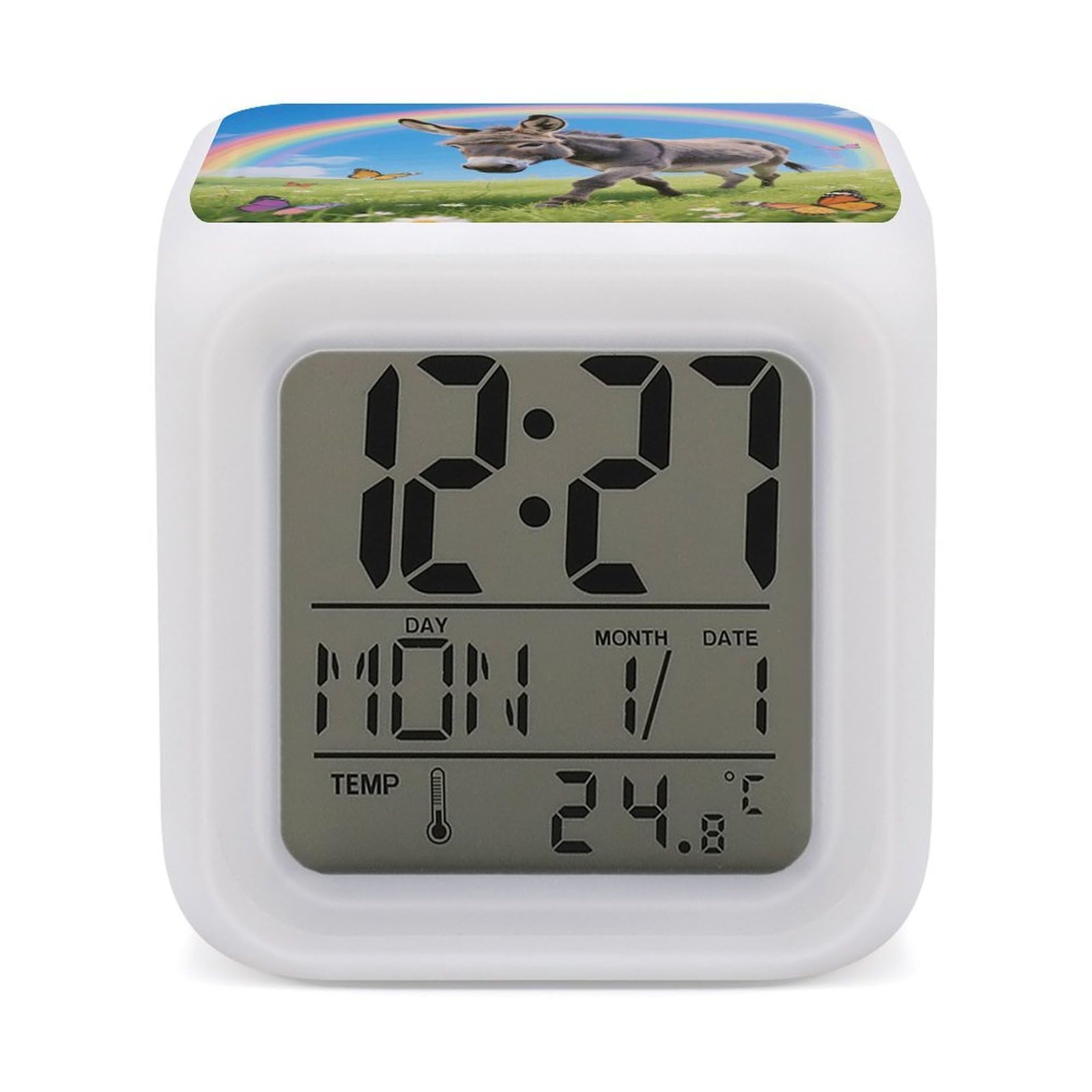 7 Color Ambient Night Light Cube Battery Operated Donkey & Butterflies (Rainbow) Digital Clock with Snooze Temperature LED Digital Alarm Clocks Dimmable Wake Up Light Portable Mood Lamp for Bedroom De