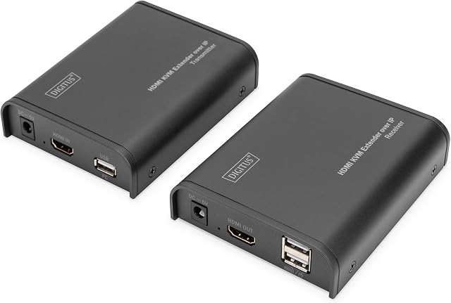 DIGITUS sieciowy przedłużacz KVM HDMI - z obsługą IP - kat. 5e, kat. 6 - zestaw (nadajnik/odbiornik) - czarny