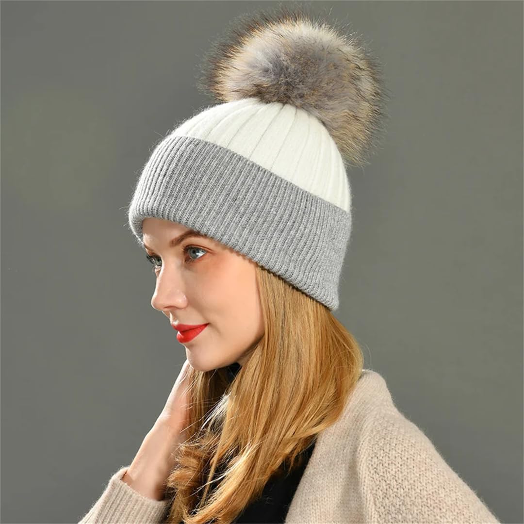 Wvapzxx Cappello Invernale Beanie Cappelli Con Pompon Di Pelliccia Donna Cashmere Lana Lavorato A Maglia Bonnet Palla Di Pelliccia Beanie Cap Grande Pompon Di Pelliccia