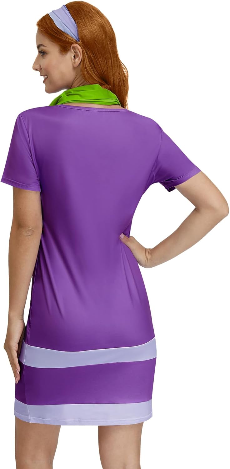 Halloween Women's Party Cosplay Costume Short Sleeve Daphn Mini Dresses with Scarf and Headband Purple L - Image 6