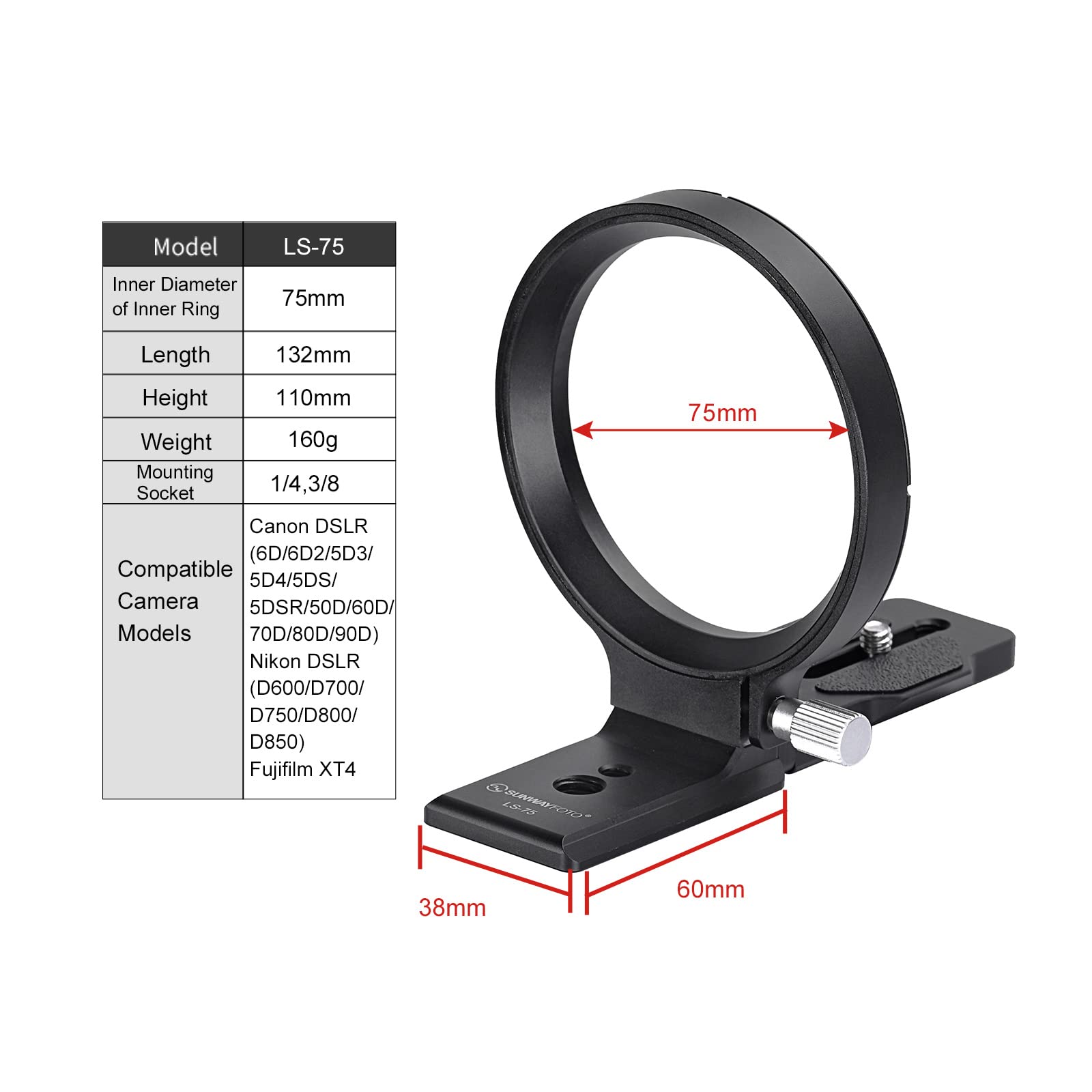SUNWAYFOTO LS-75 Collare rotante universale per fotocamere DLSR, supporto per obiettivo con anello per treppiede, supporto per piastra Arca Swiss Mount DSLR commutazione verticale orizzontale