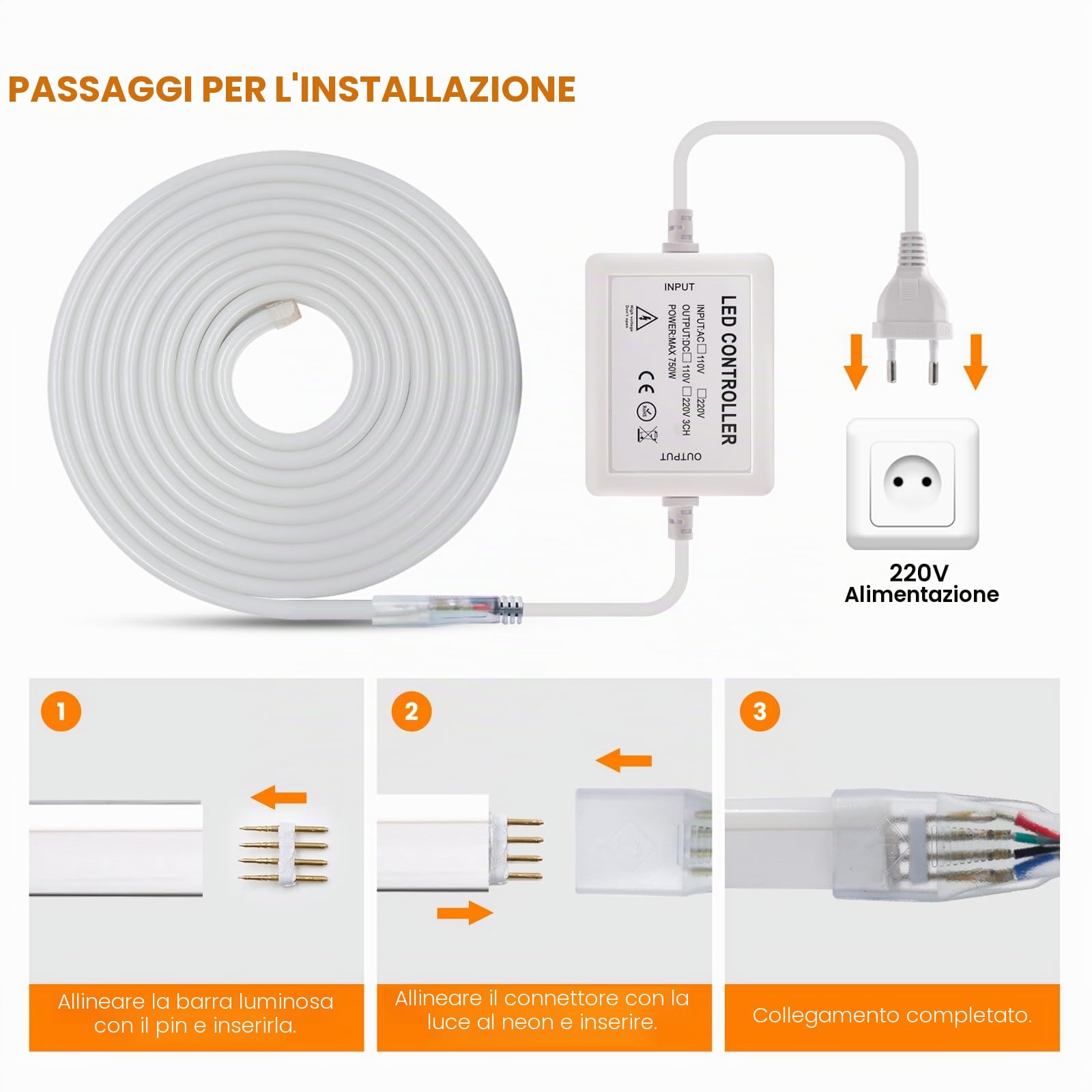 220V Striscia LED Neon Flessibile Dimmerabile CRI85+ [2M, RGB], IP65 Impermeabile, con Controller RF RGB 750W, SMD5050 per Decorazione Domestica e Negozi, Dimensioni: 10x20mm