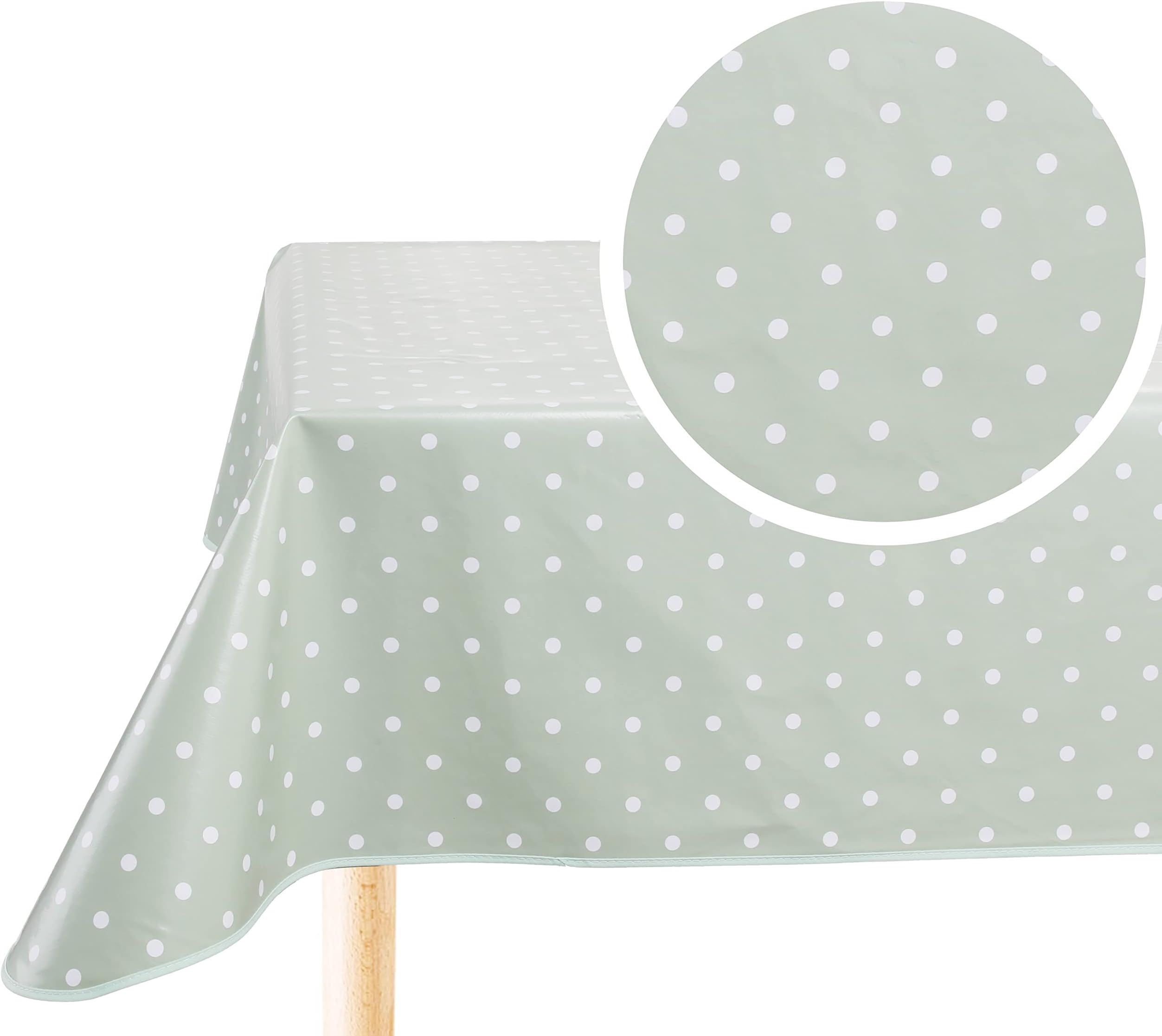 Rectangular Oilcloth PVC Wipe Clean Tablecloth Table Cover 140cm x 180cm 55x70 Polka Dot Sage Green