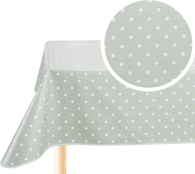 Home Direct Rectangular Oilcloth PVC Wipe Clean Tablecloth Table Cover 140cm x 200cm 55x78 Polka Dot Sage Green