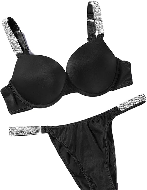 Sexy Letter Rhinestone Lingerie Briefs Set Push Up Bra Panty 2 Piece