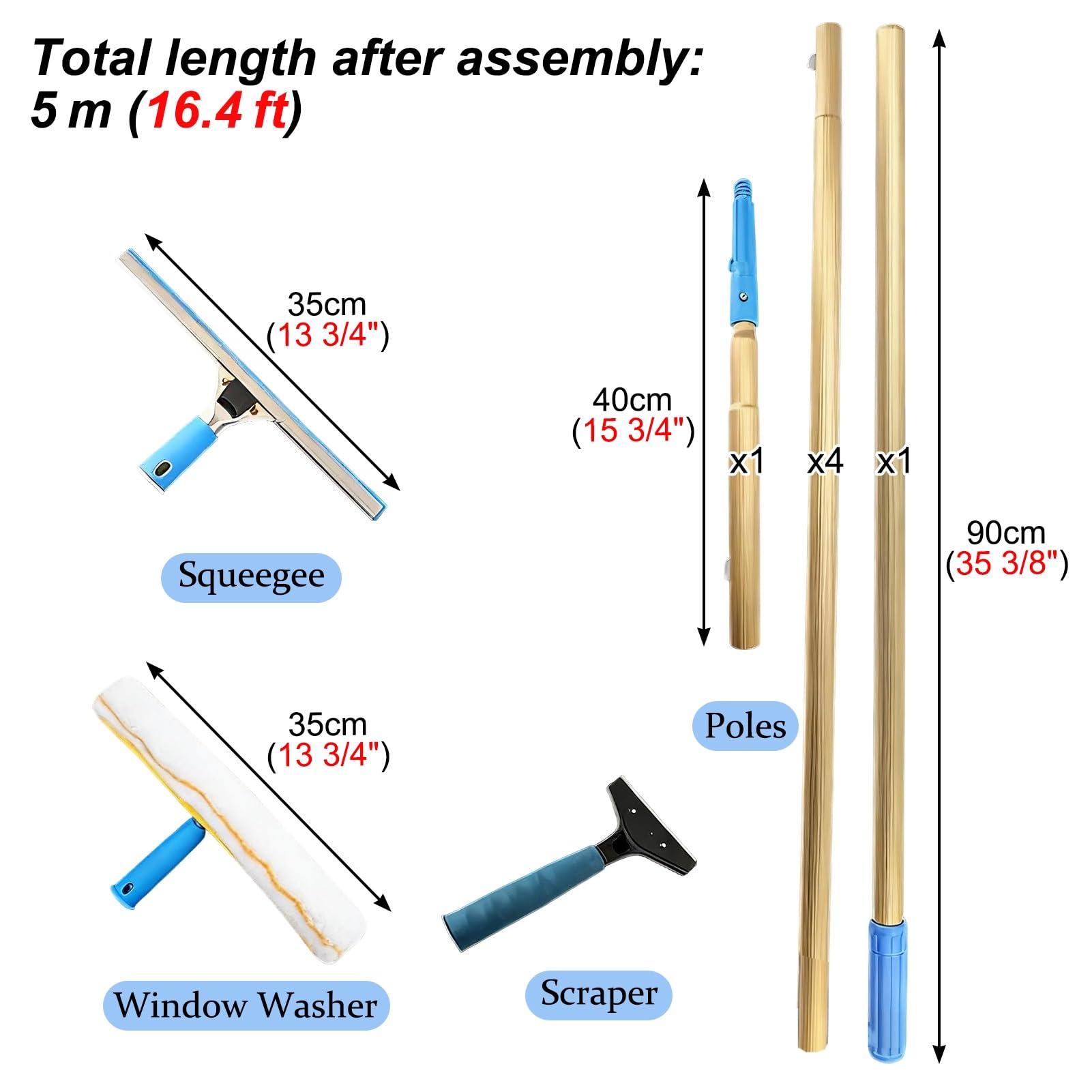 Rasqueta Limpiacristales Pértiga de Limpieza de Ventanas de Titanio de 6, 7, 8 y 9 m, Limpiador de Ventanas, Escobilla de Goma y Raspador, Kit de Pértiga para Lavado de Ventanas(5m/16.4ft)
