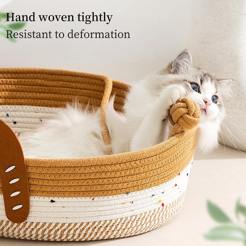 سرير للقطط مصنوع من حبل قطني منسوج يدويا - جيد التهوية وسهل التنظيف، سلة للحيوانات الاليفة قابلة للطي والخدوش، مع كرة لعب للقطط، بني (بني)