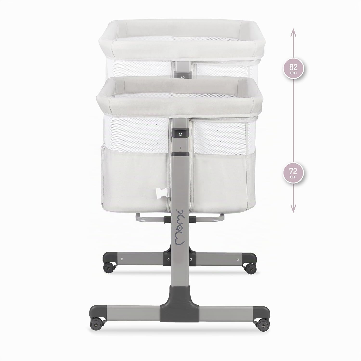 Momi REVO Cuna Multifuncional Ajustable en 6 Posiciones de Altura de 72 a 82 cm, con Ruedas, colchón Incluido, Correas de fijación, mosquitera y Barra de Juguetes
