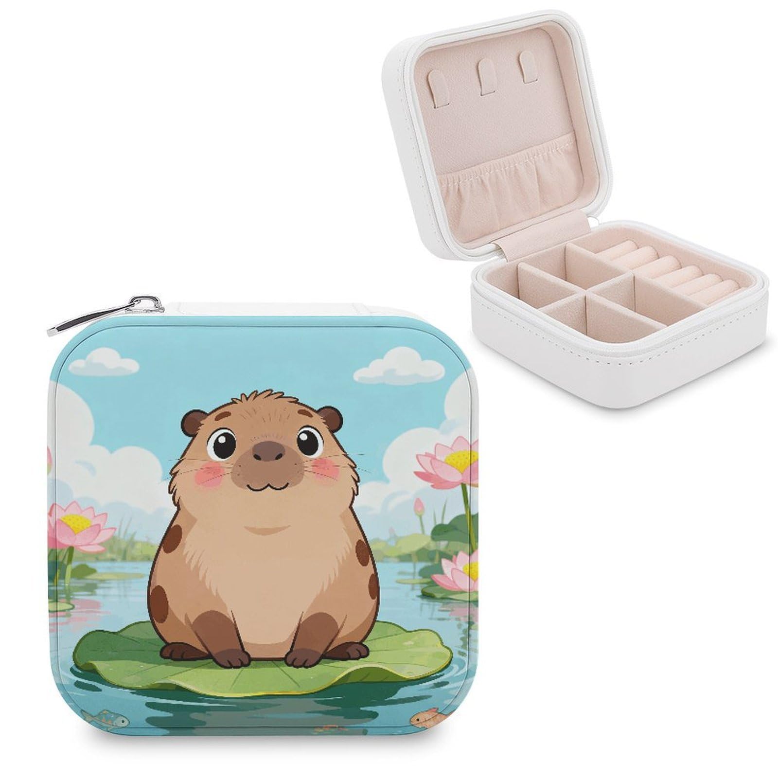 VstaDank The Capybara in The Lotus Pond Jewelry Box Beautiful Portable Ring Boxes Cute Large-Capacity Jewelry Case Jewelry Organizer for Mothers Gifts for Earrings Rings Hand Bracelet