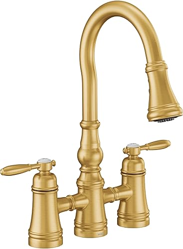 Moen S73204BG Weymouth - Grifo de cocina con dos manijas con puente abatible, oro cepillado