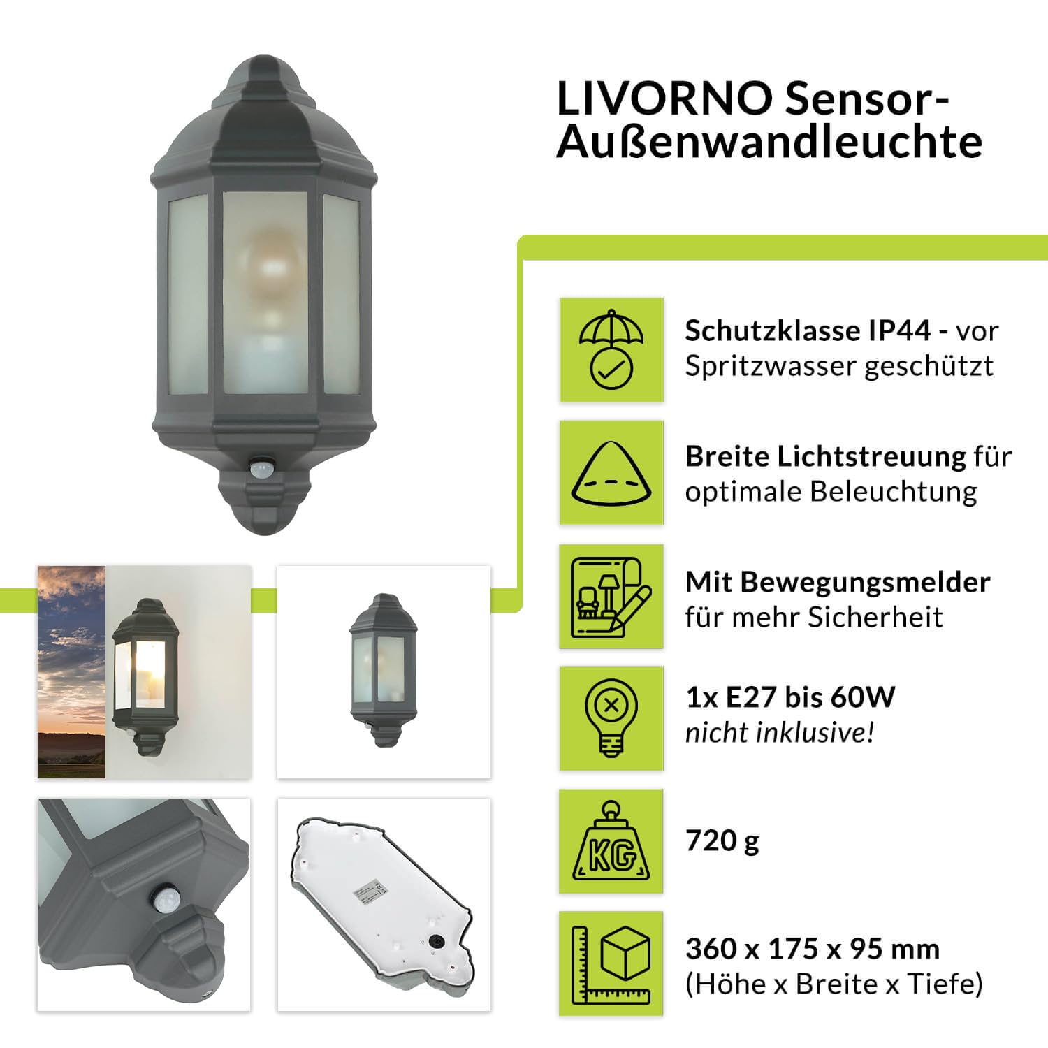 Licht-Erlebnisse Wandleuchte Außen Aluguss Glas Anthrazit IP44 Garten/Terrasse 360 E27 max. 60 Watt Rustikal Livorno Hof Außenlampe Wandlampe Außen rustikal antik