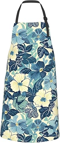 Delantales Flower Blue Home 2 bolsillos de 33 x 28 pulgadas para hombres y mujeres, delantal impermeable floral gris para manualidades, restaurante,