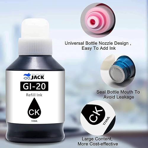 Miniatura 4 de Printers Jack Kit de botellas de tinta de repuesto compatibles Canon GI-20 GI20 para impresoras Canon PIXMA G5020 G6020 G7020 MegaTank