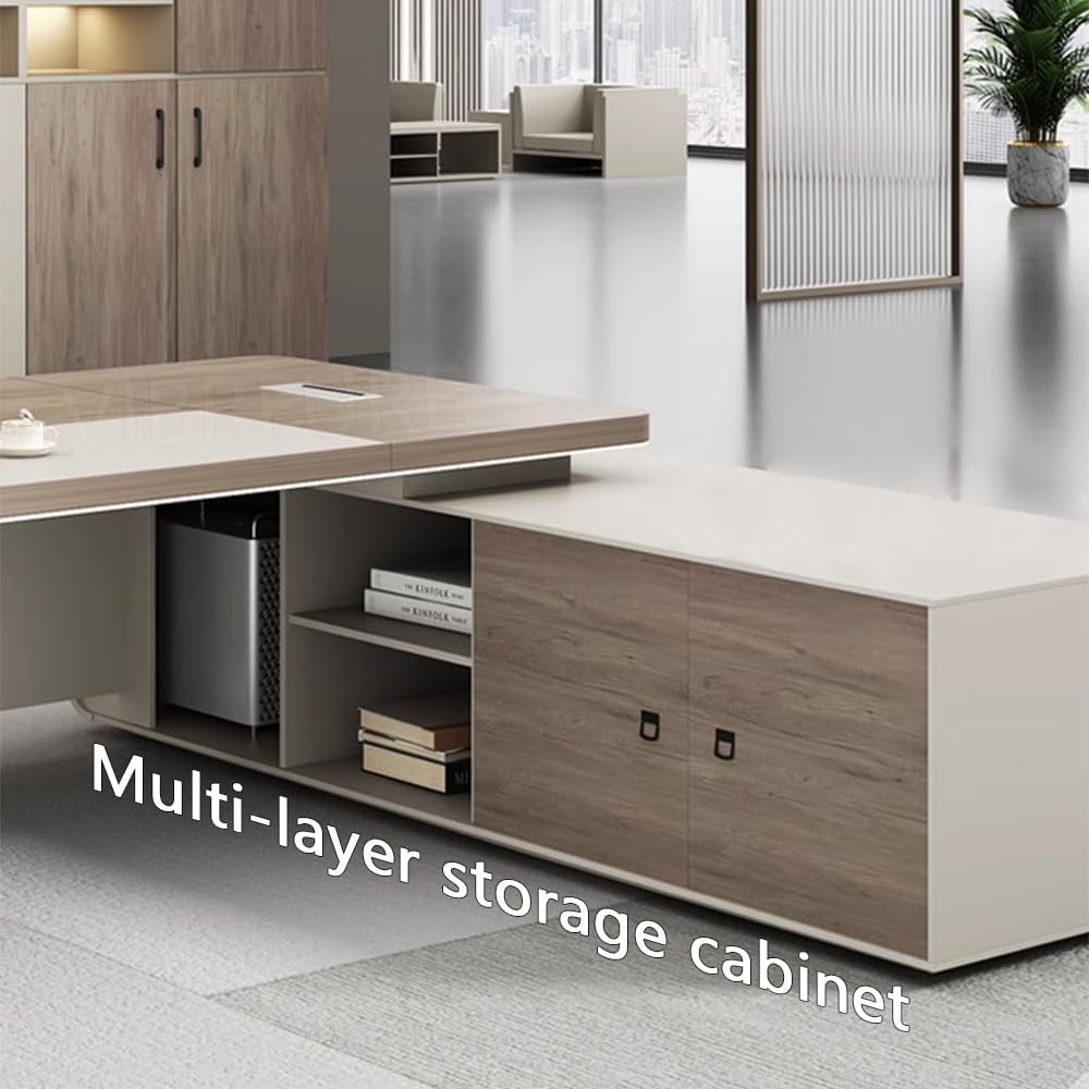 L-Shape Modern Executive Desk with Led Light Strip, Luxury L-Shape Office Executive Desk with Double Cabinets, Easy Installation (Black, 95" / 240cm) Black-right Cabinet 95"L x 63"W x 30"H