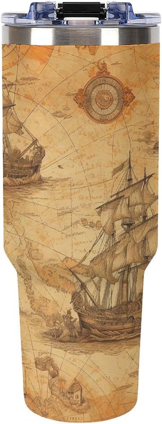 Ship And Compass Travel Coffee Mug Reusable Durable Stainless Steel Insulated Tumbler with Handle And Straw Leak Resistant Portable Thermal Cup Gifts for Men Women 40 Oz