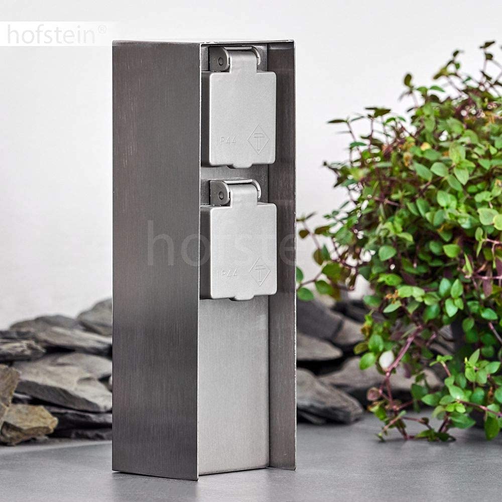 Presa da esterno Abilene, presa da giardino in metallo in acciaio inox/grigio con 2 prese e coperchi incernierati per installazione permanente, presa multipla per uso esterno, IP44