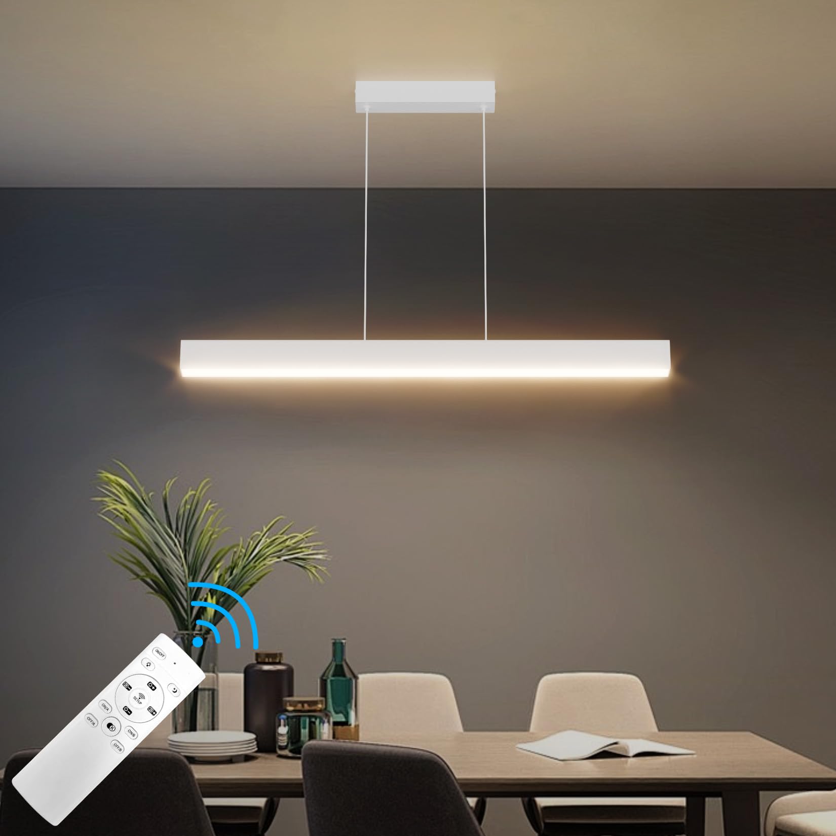 Klighten LED-hanglamp voor eettafel, modern, hanglamp, dimbaar, 3000 K-6000 K, met afstandsbediening, lineaire plafondlampen, hoogte 150 cm, verstelbaar, voor keuken en woonkamer, 100/36 W, wit