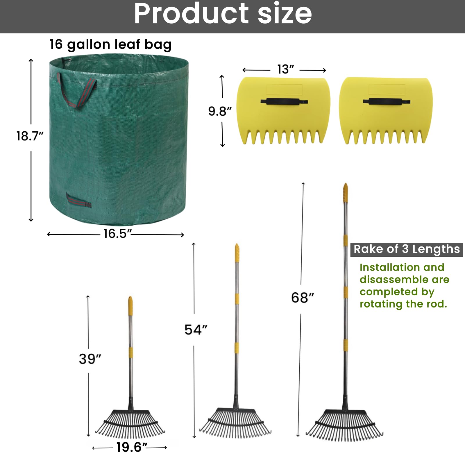 Rastrillo de jardín de 68 pulgadas para hojas, rastrillo de hojas de metal ajustable para césped, resistente, viene con cucharas de hojas grandes, rastrillos de mano de 16 galones, rastrillo