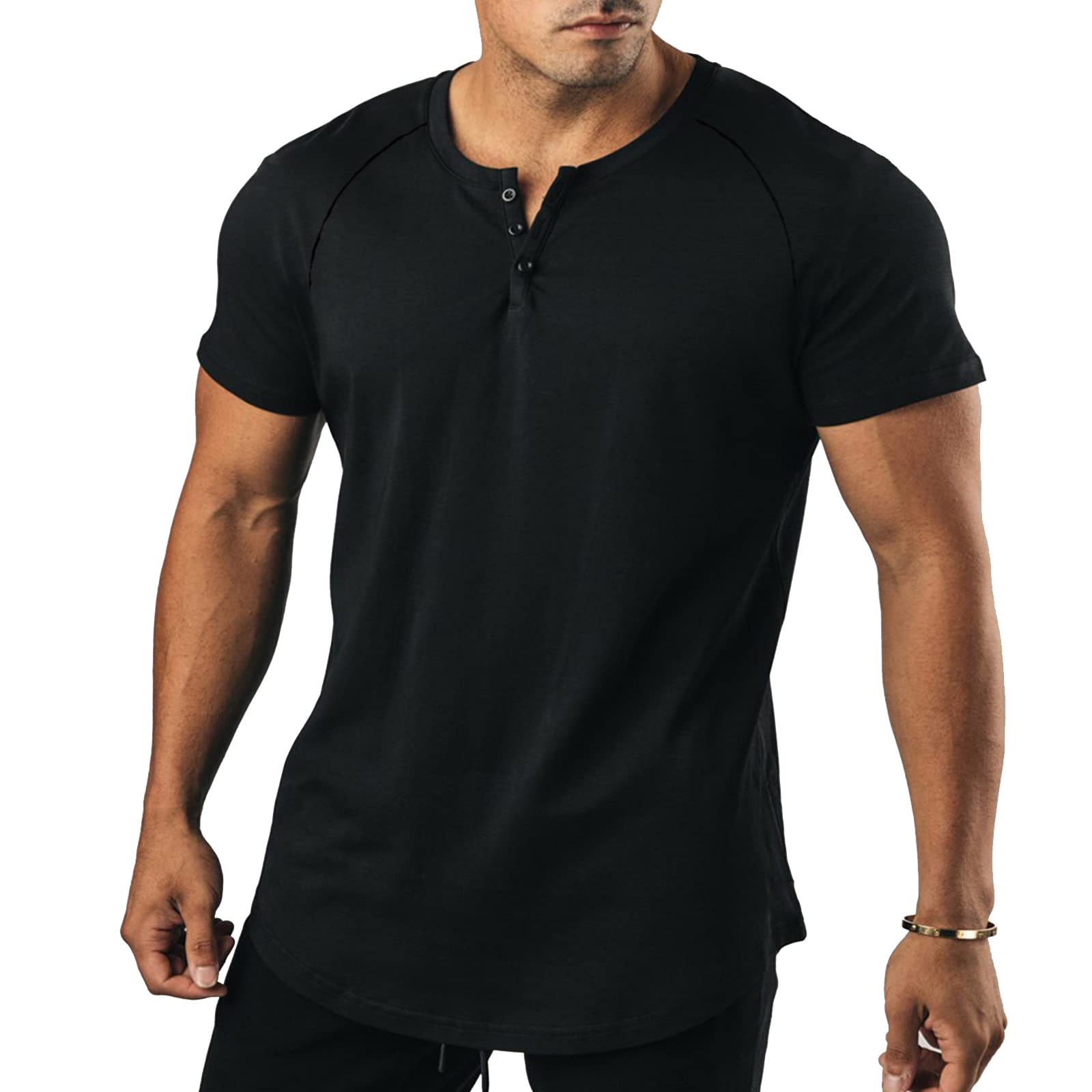 [Manatsulife] 半袖 Tシャツ ヘンリーネック ラグランスリーブ メンズ ボタン 丸首 レイヤード 無地 通勤 ゴルフ フィットネス 夏服 DT05-