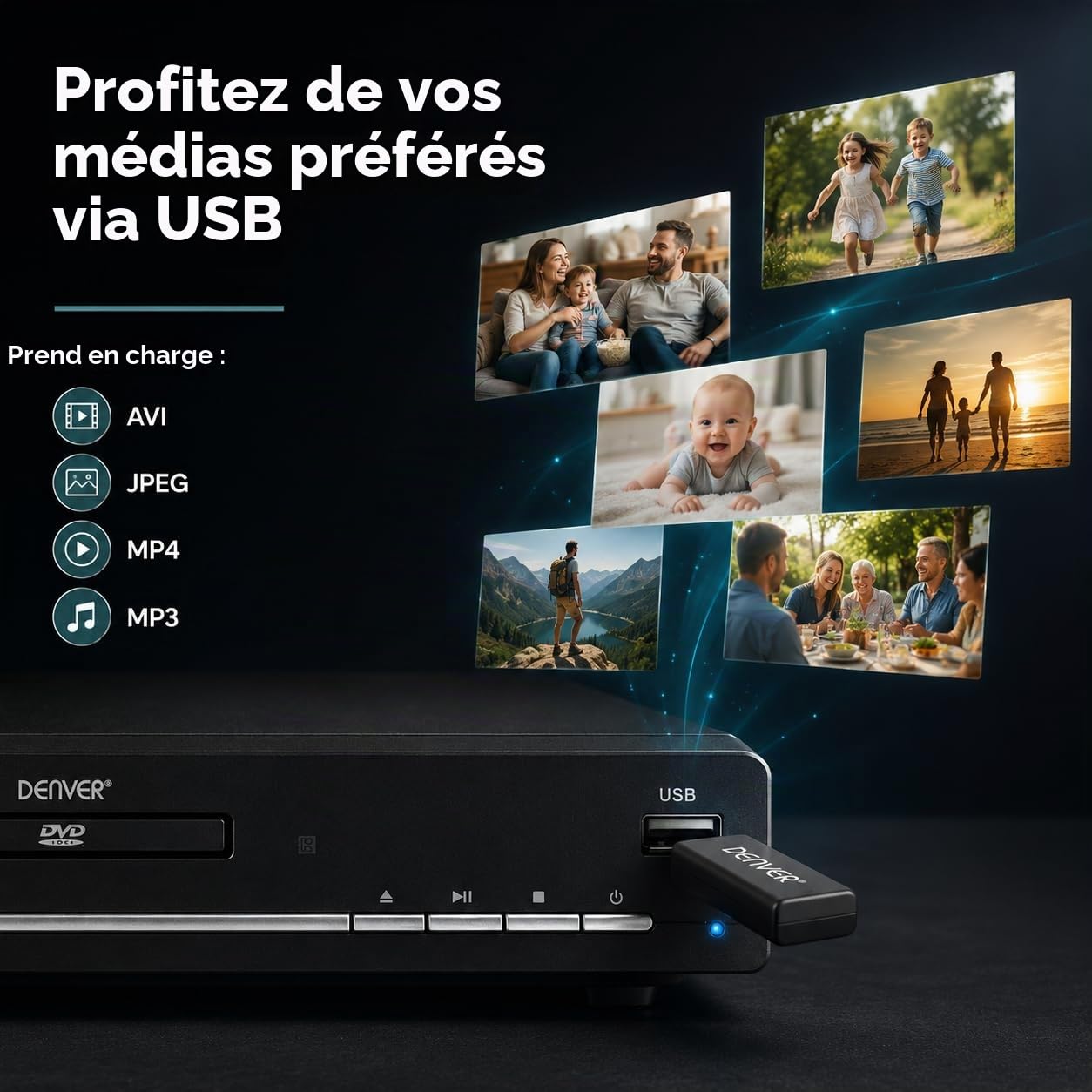 Denver DVH-7787 Lecteur DVD compact, multi-régions/toutes régions, mise à l'échelle Full HD 1080p, HDMI, connexions péritel et vidéo composite, port USB et télécommande