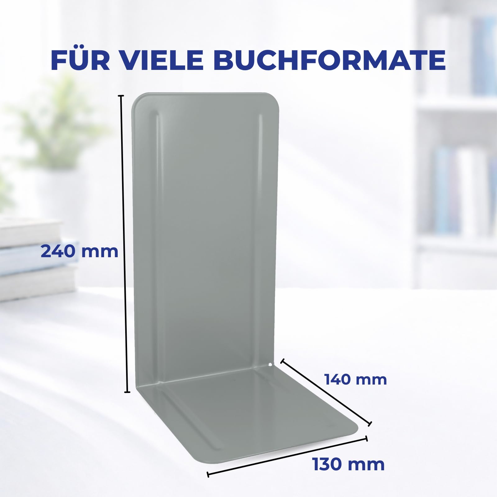 Westcott Szare podpórki na książki (2 sztuki) | metalowe 130 x 240 x 140 mm | stabilne uchwyty na książki lub segregatory | wytrzymały stojak na książki o grubości materiału 1 mm, do biura i